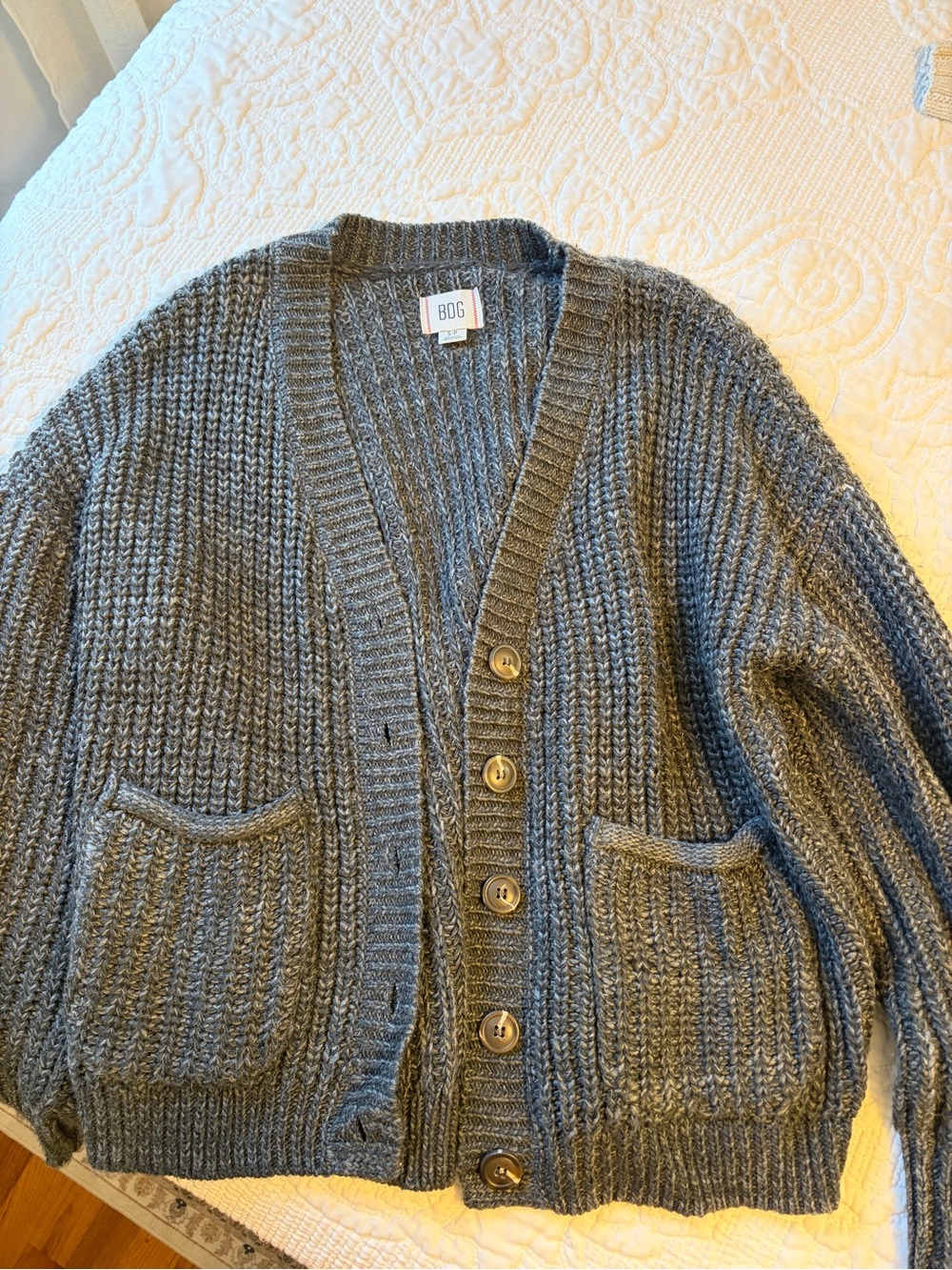 BDG Gray Ribbed Button-Up Cardigan with Patch Pockets